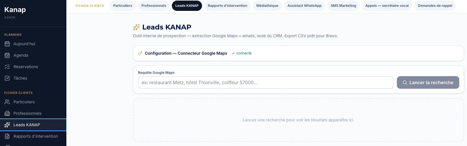 Leads KANAP: internal prospecting tool connected to Google Maps