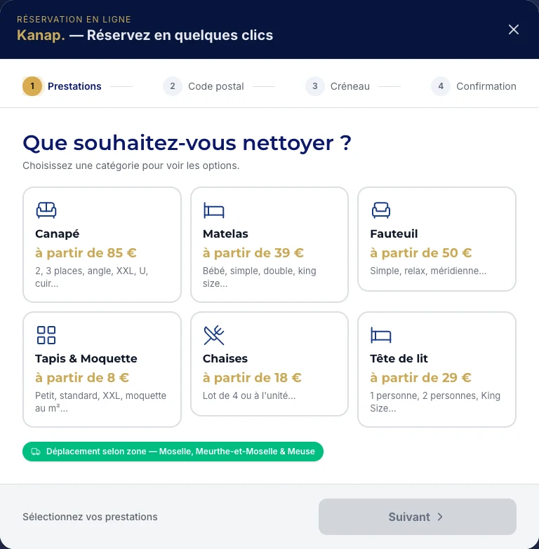 Kanap online booking flow, step 1 of 4: choosing services