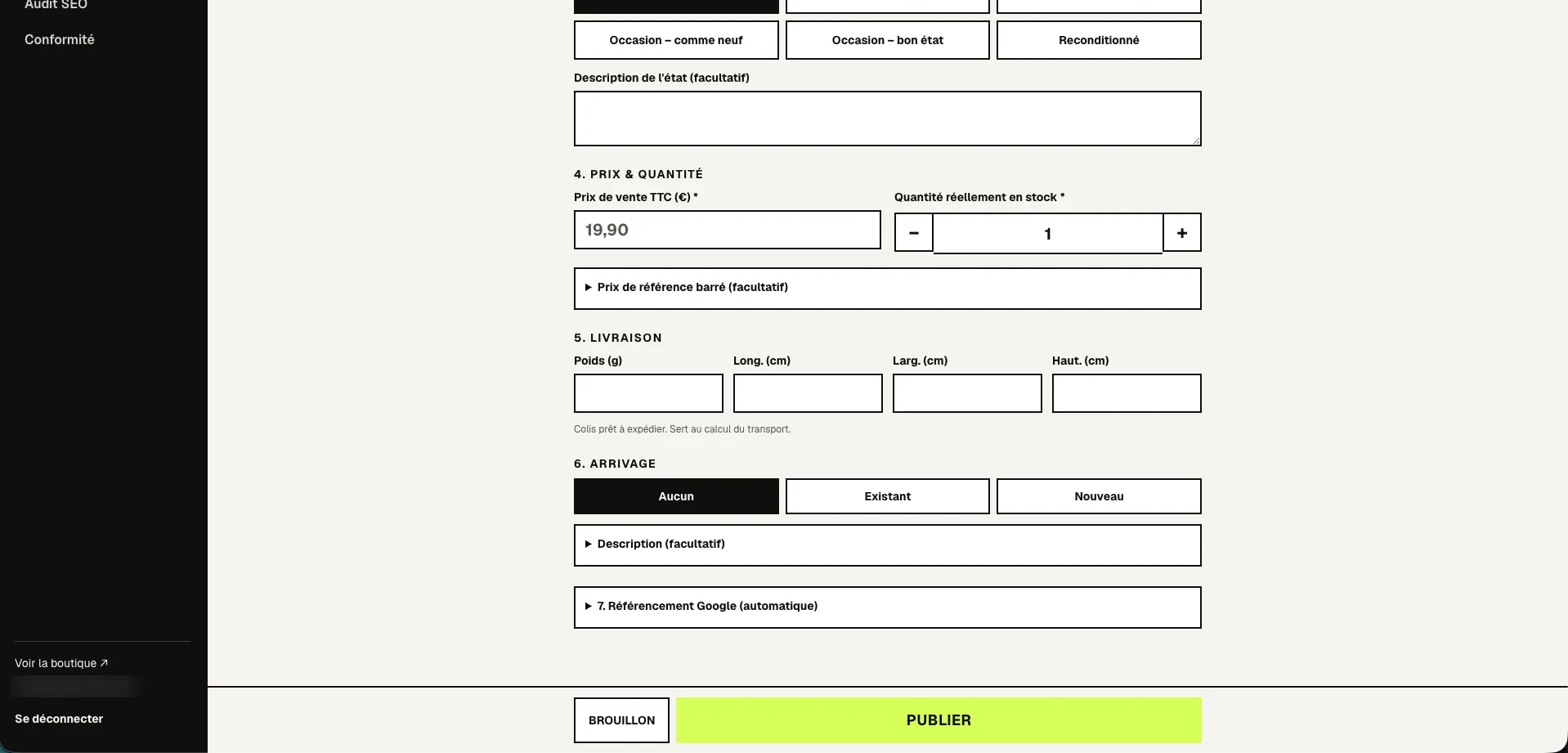 ENMOD Quick Drop, lower part: price, real stock quantity, delivery, arrival and publication