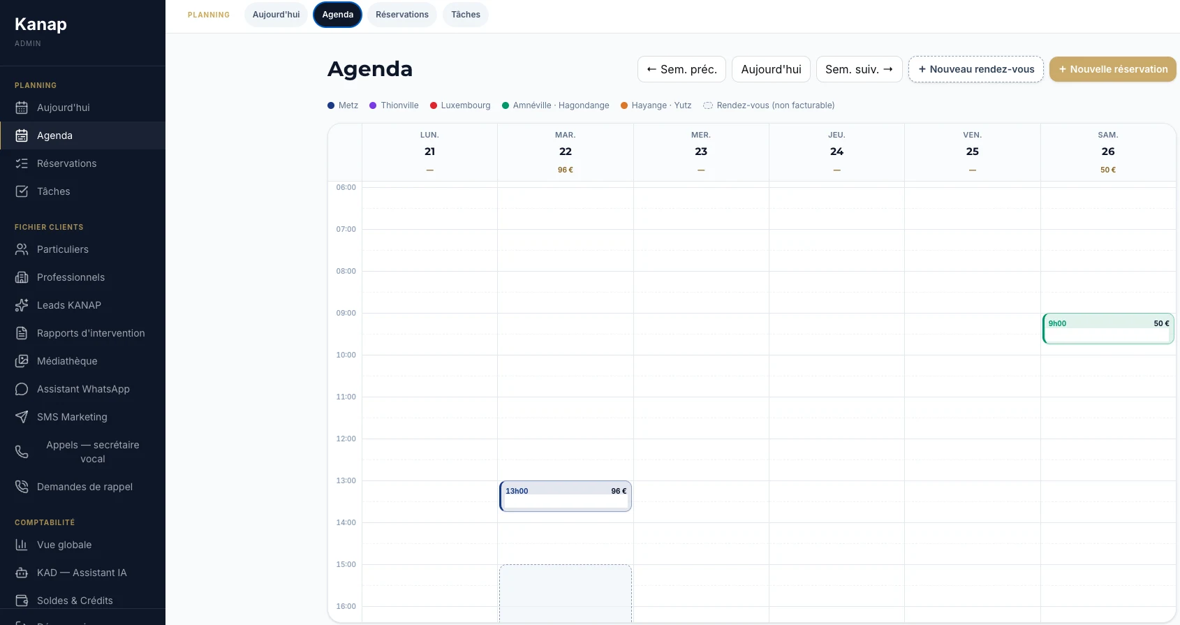 Kanap admin agenda: weekly planning with the full module navigation