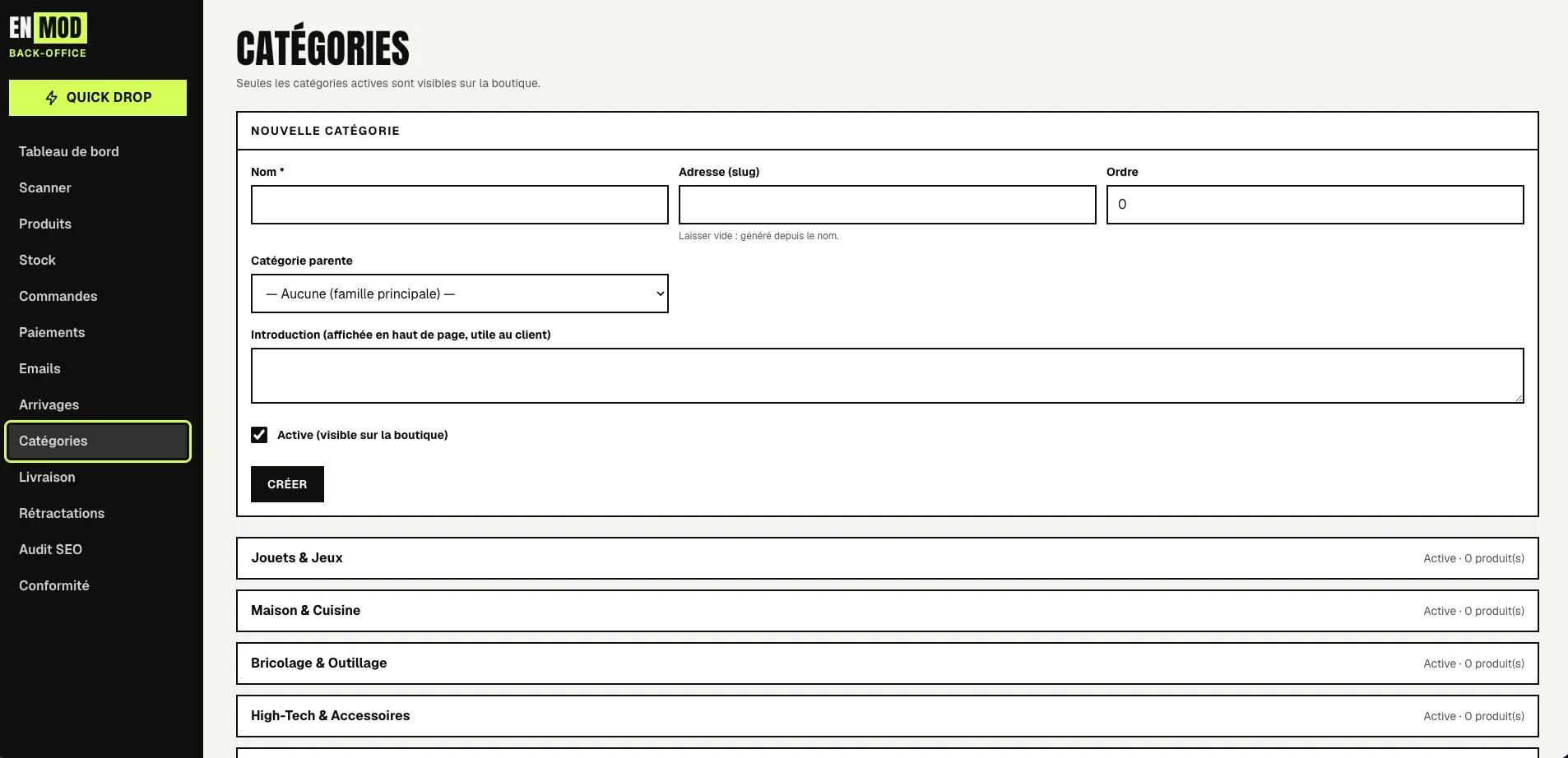 ENMOD categories administration: create, order and activate categories