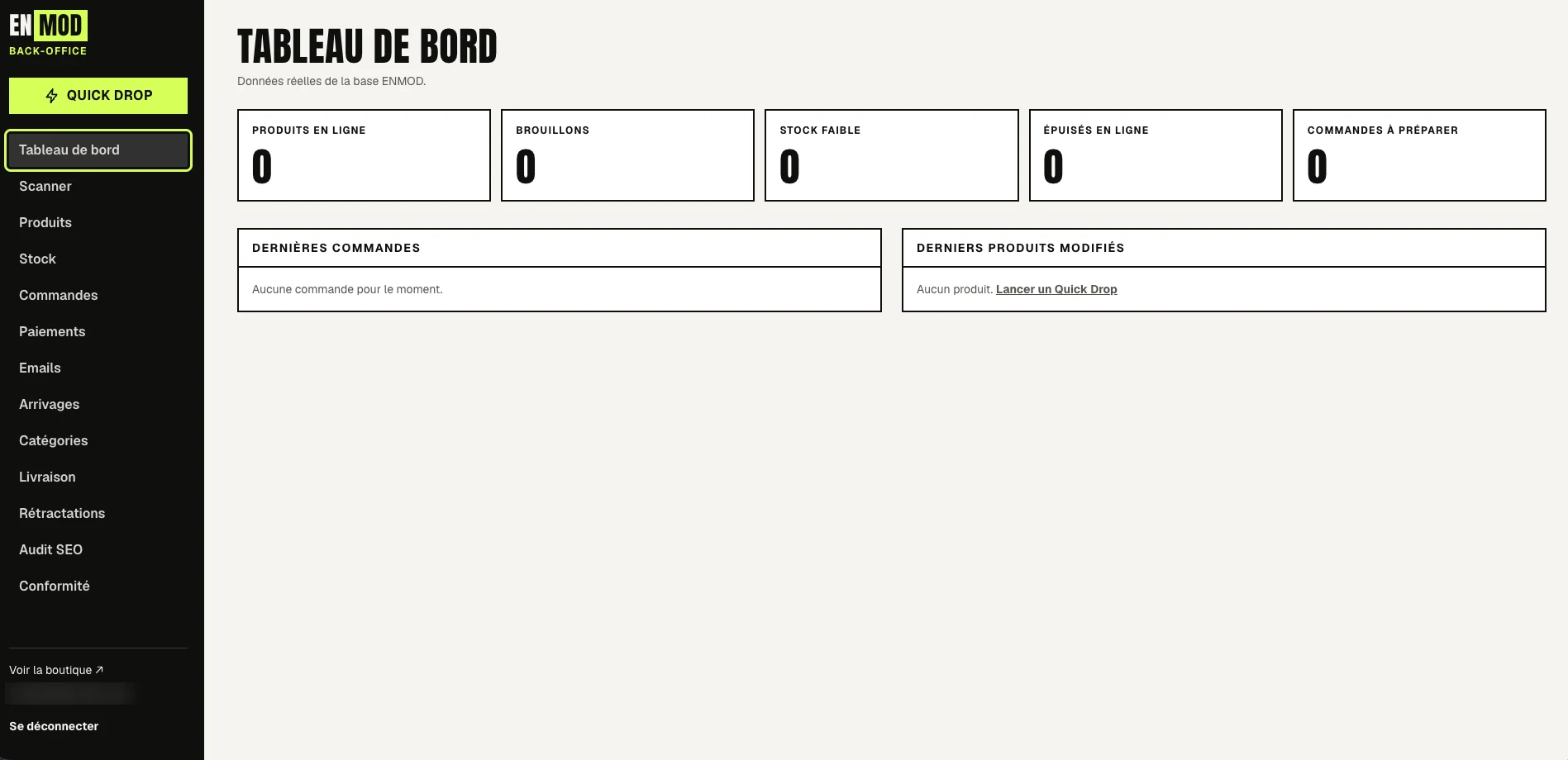 ENMOD back-office dashboard with navigation and operational counters