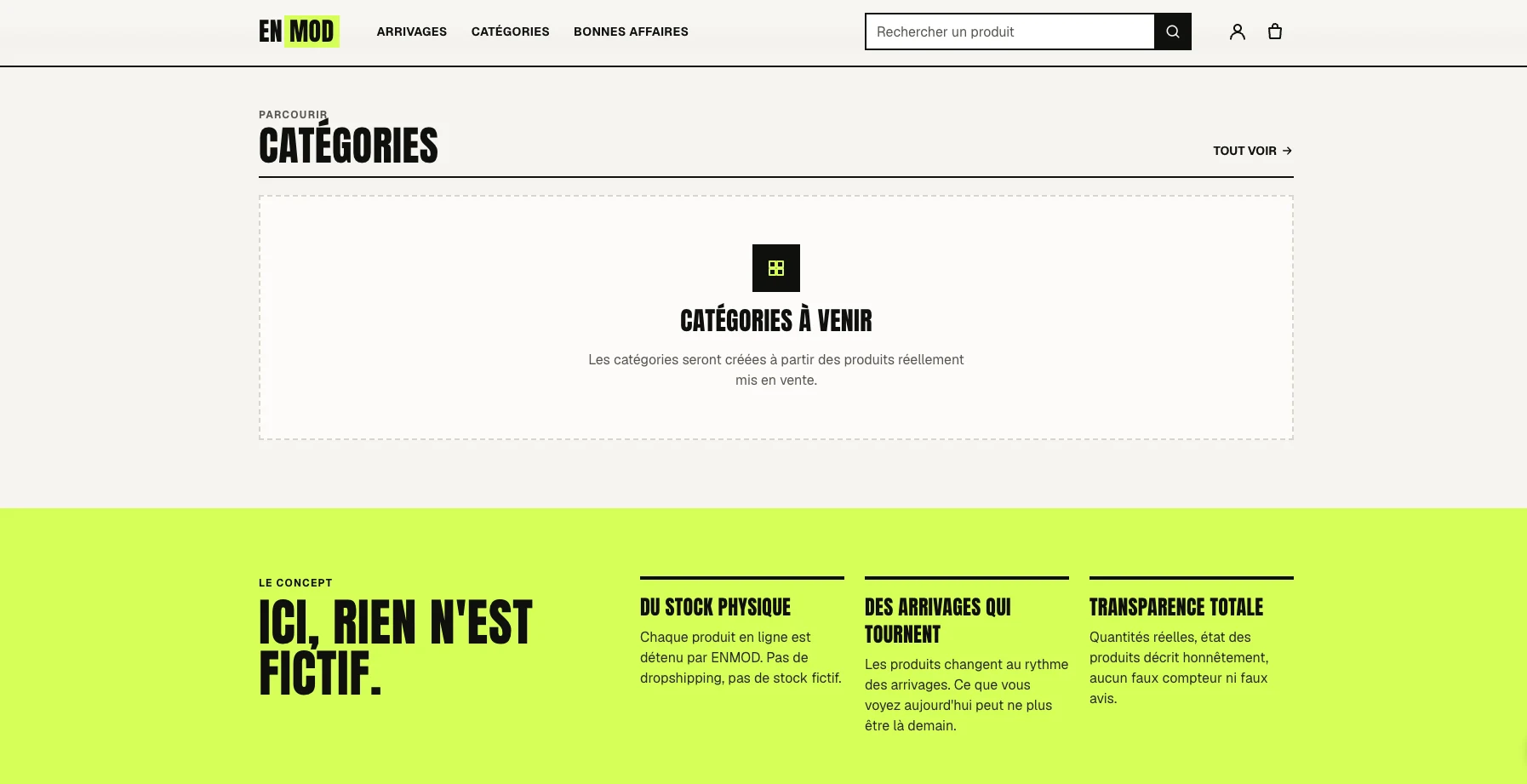 ENMOD storefront categories and concept section