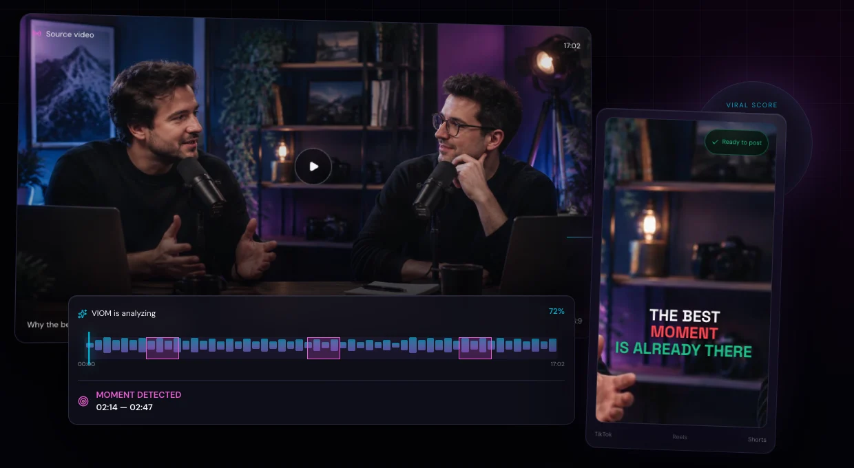VIOM analysing a source video, with detected moments on a timeline and a vertical result
