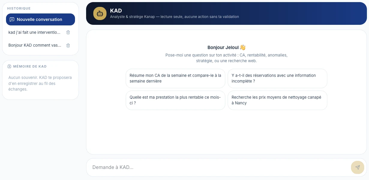 KAD, the internal AI assistant: read-only, no action without validation