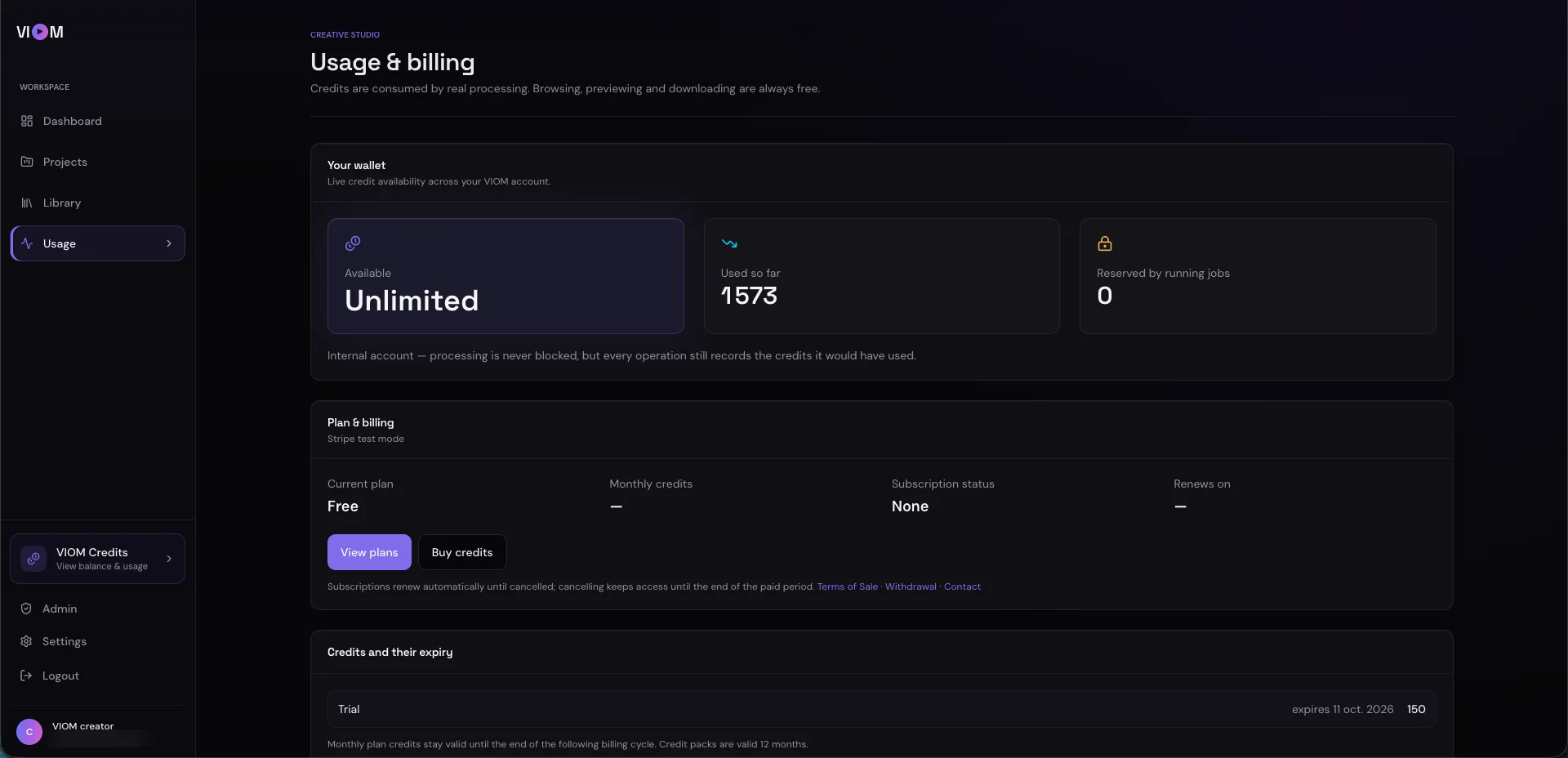 VIOM usage and billing: wallet, plan and credits