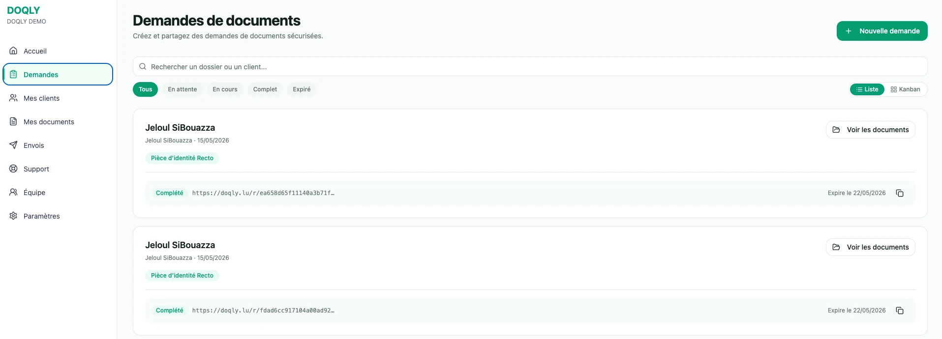 Document requests list with statuses and secure links (demo data)