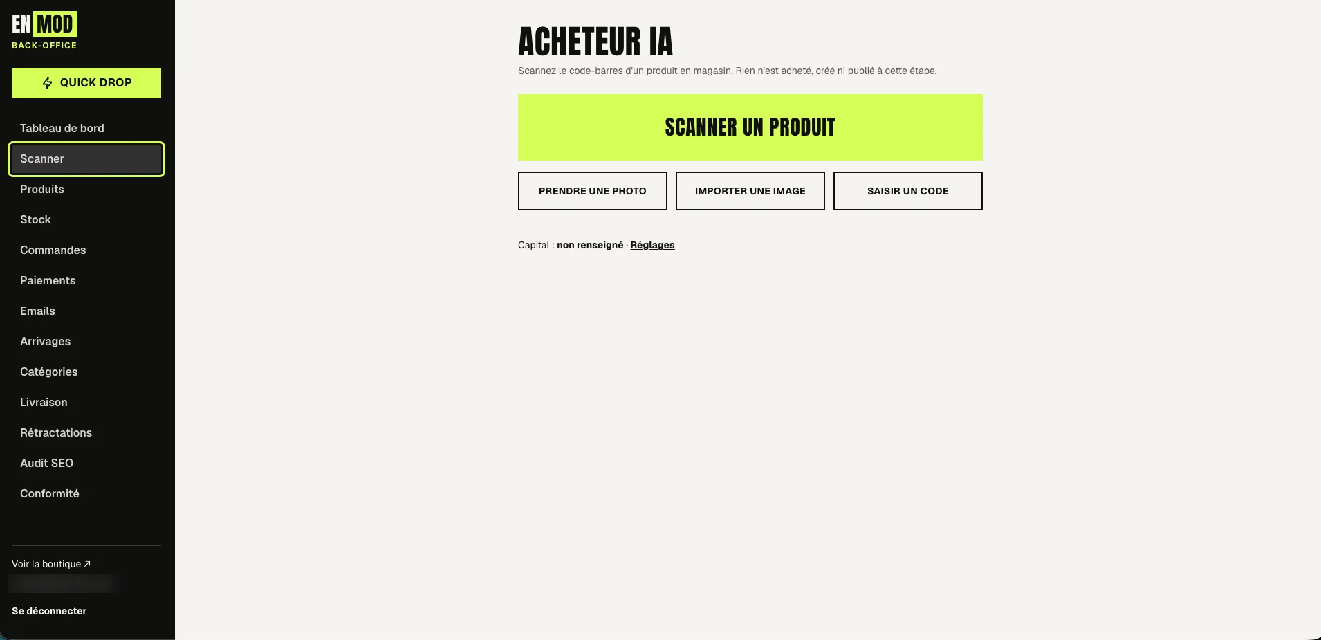 ENMOD AI Buyer scanner: scan a product, take a photo, import an image or enter a code